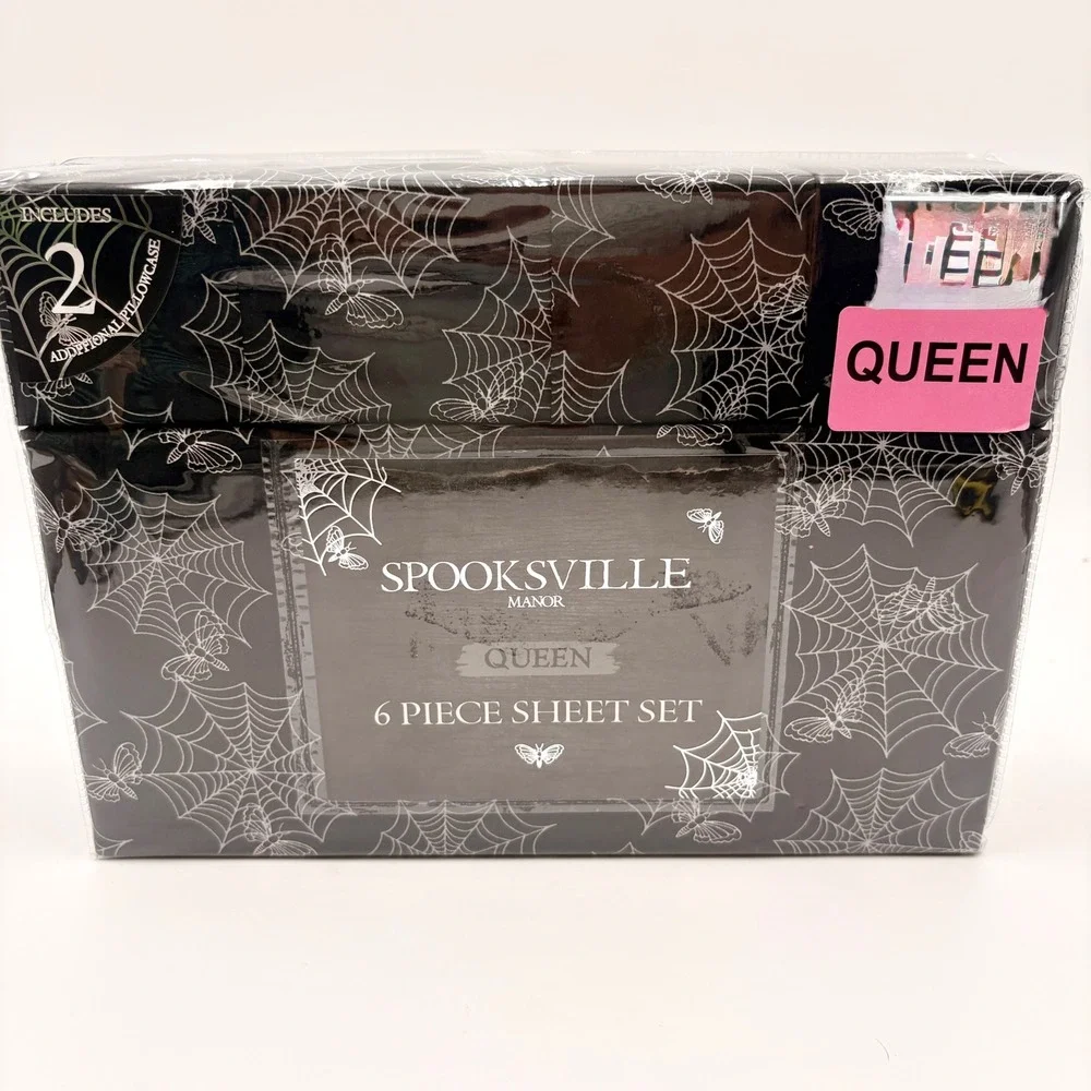 Spooksville Manor Queen Sheet Set 6 Piece Spiderweb Moth Gothic Black White NEW